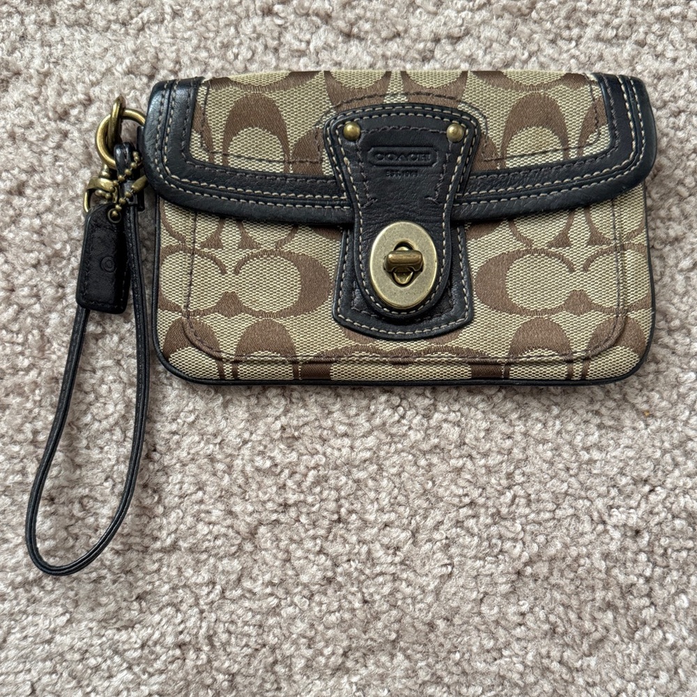 Coach Tan and Black Signature Wristlet